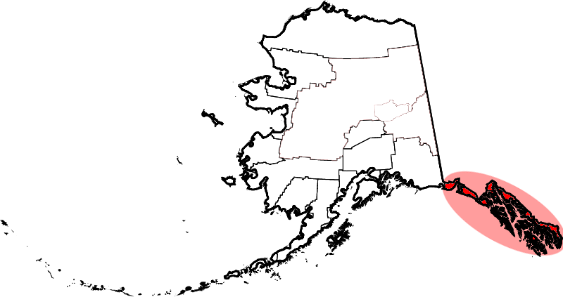 A map of Alaska with Southeast Alaska highlighted in red.