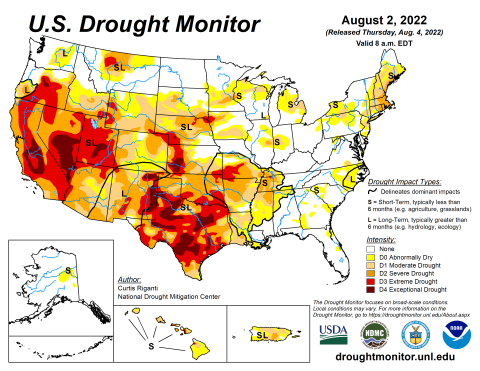 The U.S. Drought Monitor map from the National Drought Mitigation Center (dated August 2 2022)