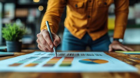 A man leans over an infographic