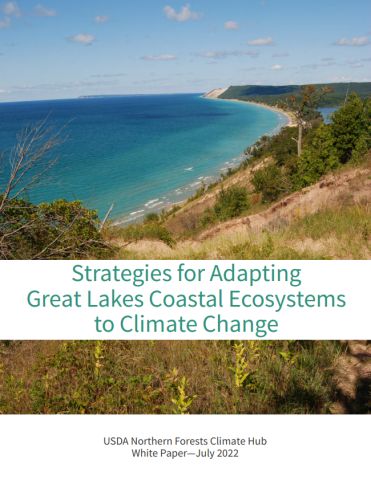Cover of publication "Strategies for adapting Great Lakes coastal ecosystems to climate change"; featuring image of Lake Michigan Sleeping Bear Dunes