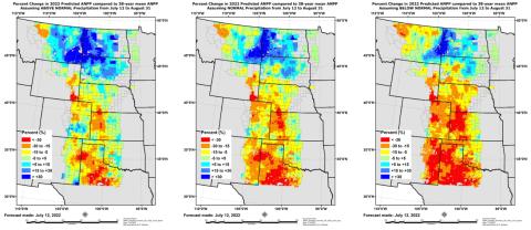 Three maps showing the Grass-Cast forage productivity predictions for the Great Plains