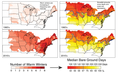 Graphic demonstrating warm winters are increasing in frequency and intensity. Snowfall amounts, snow depth and cover are decreasing.