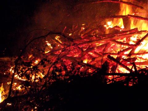 Fuego de montón de maleza en la noche