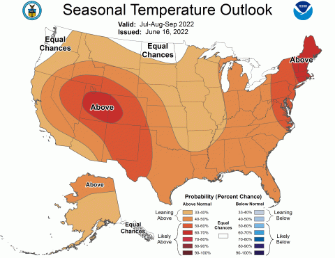 National Weather Service official 90 day outlook for temperature (July, August, September) 