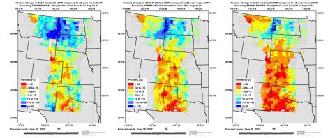 Three maps showing the Grass-Cast forage productivity predictions for the Great Plains,  June 28, 022 